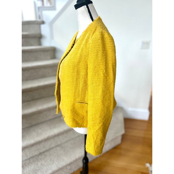 Massimo Dutti Mustard Yellow Boucle Tweed Fringe Blazer - Picture 2 of 8